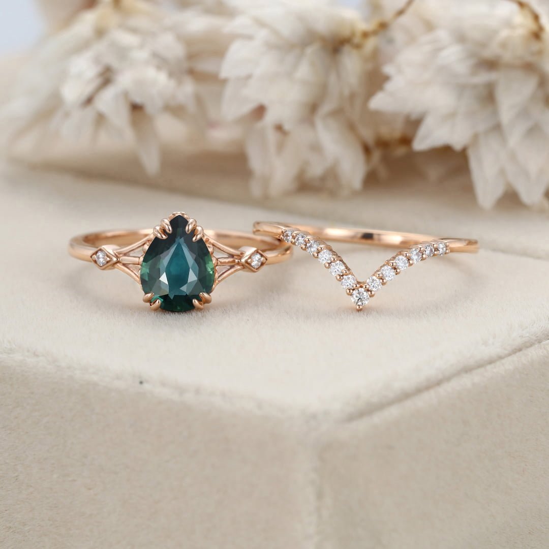 1.5ct Pear Blue green sapphire engagement set vintage Rose gold engagement ring set women Moissanite Bridal Anniversary gift ring