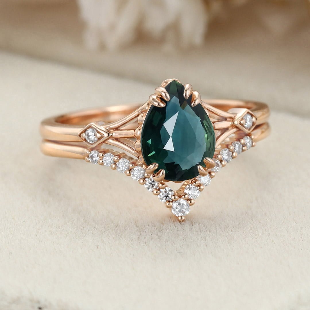 1.5ct Pear Blue green sapphire engagement set vintage Rose gold engagement ring set women Moissanite Bridal Anniversary gift ring