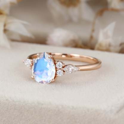 1.5CT Pear Shaped Moonstone Engagement Ring Vintage 14K Rose Gold Ring Marquise Diamond Wedding Ring Women's June Birthstone
