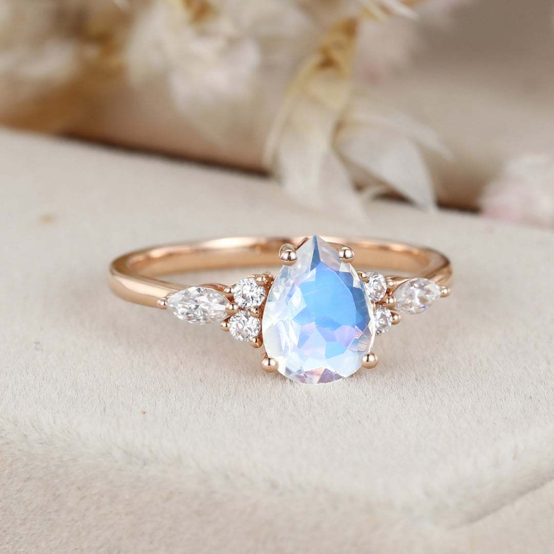 1.5CT Pear Shaped Moonstone Engagement Ring Vintage 14K Rose Gold Ring Marquise Diamond Wedding Ring Women's June Birthstone