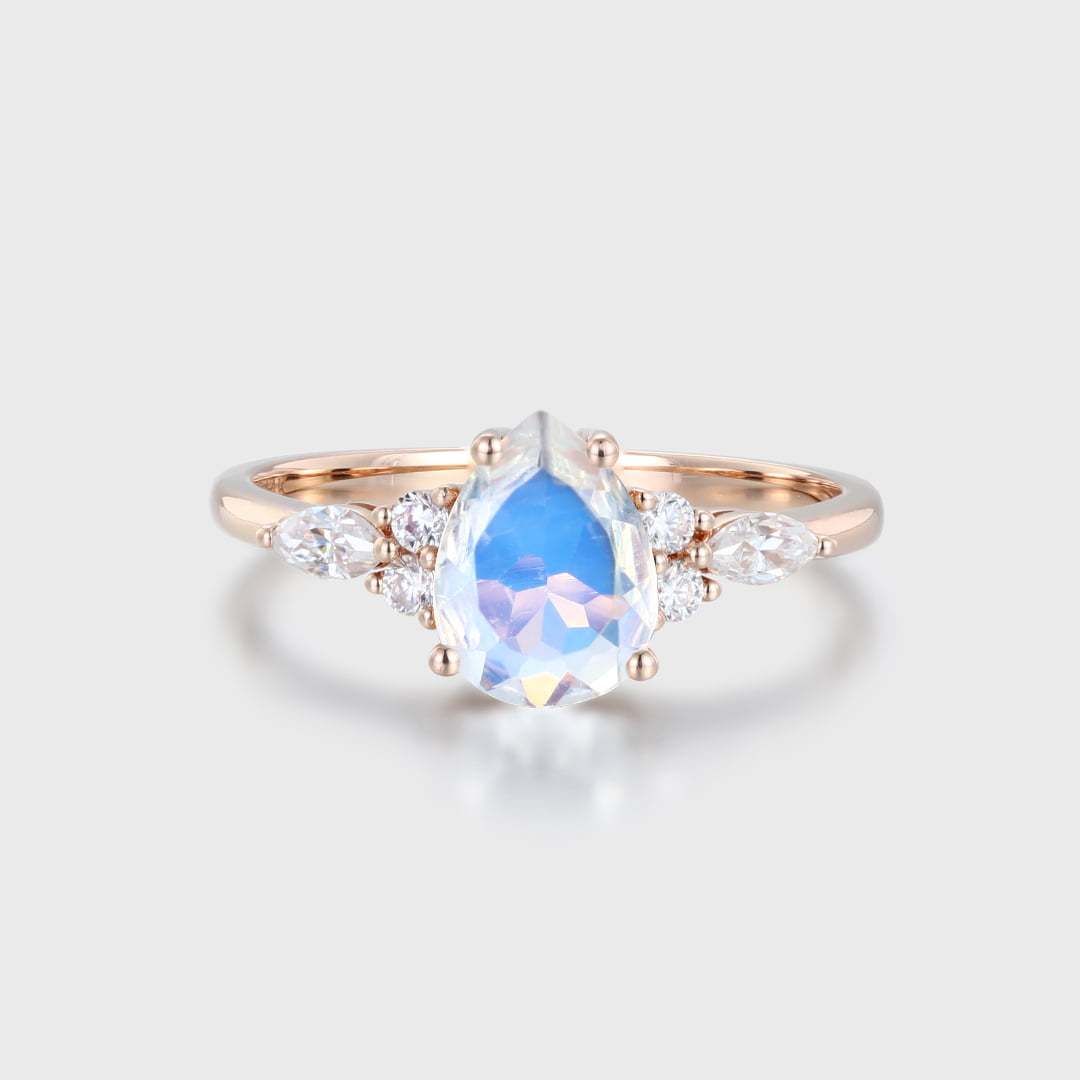 1.5CT Pear Shaped Moonstone Engagement Ring Vintage 14K Rose Gold Ring Marquise Diamond Wedding Ring Women's June Birthstone