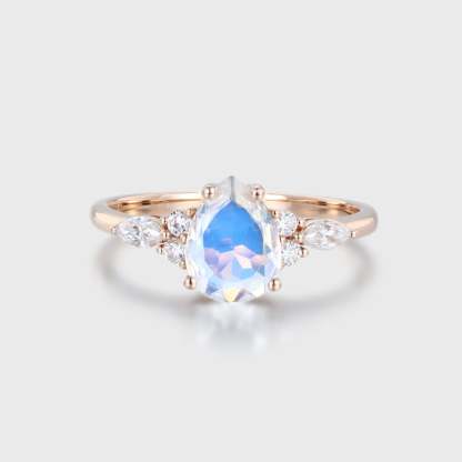 1.5CT Pear Shaped Moonstone Engagement Ring Vintage 14K Rose Gold Ring Marquise Diamond Wedding Ring Women's June Birthstone