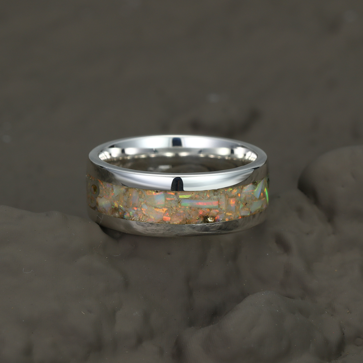 His and Hers Wedding Band, Crushed Opal Ring, 8mm & 6mm&4mm Silver Ring Set, Couples Ring, Polish, Dome, Comfort Fit