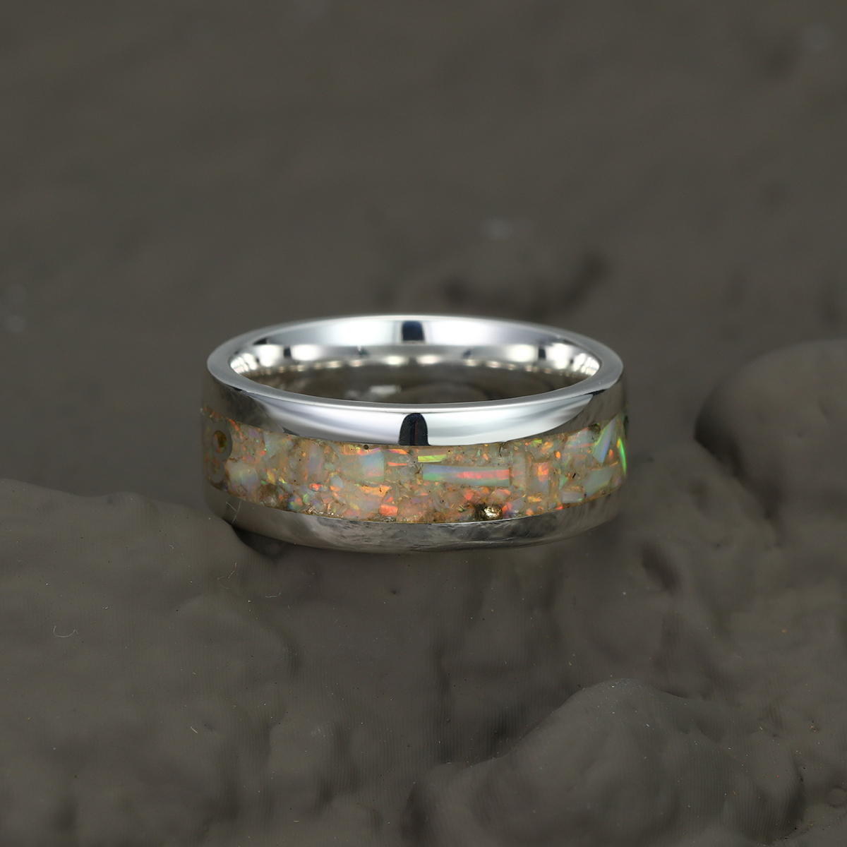 His and Hers Wedding Band, Crushed Opal Ring, 8mm & 6mm&4mm Silver Ring Set, Couples Ring, Polish, Dome, Comfort Fit