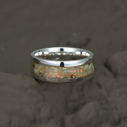 His and Hers Wedding Band, Crushed Opal Ring, 8mm & 6mm&4mm Silver Ring Set, Couples Ring, Polish, Dome, Comfort Fit