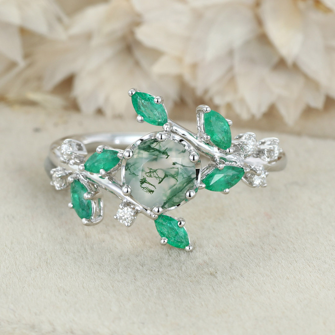 Round Moss agate Engagement Ring Vintage Unique 14K Solid White gold Moissanite engagement ring nature inspired Bridal set Anniversary gift