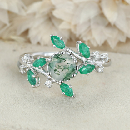 Round Moss agate Engagement Ring Vintage Unique 14K Solid White gold Moissanite engagement ring nature inspired Bridal set Anniversary gift