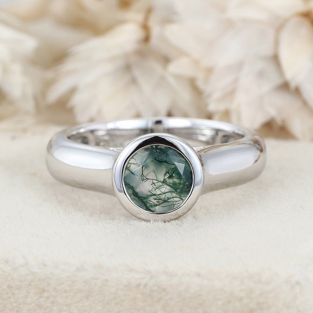 Bezel set Moissanite engagement Ring 14/18K White gold wedding& engagement ring Unique art deco ring Bridal promise Anniversary gift for her