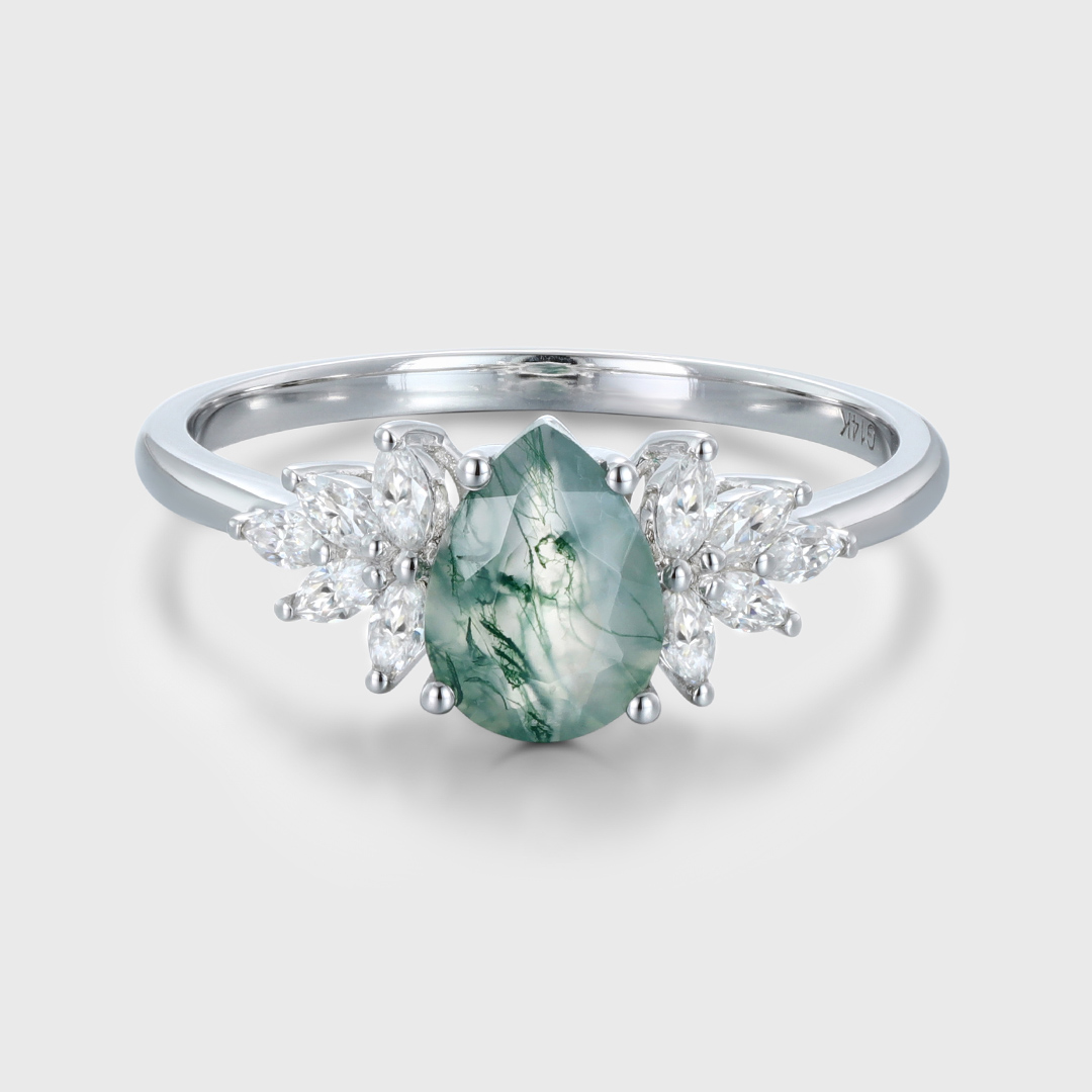 Natural Green Moss Agate Pear cut Cluster Engagement rings
