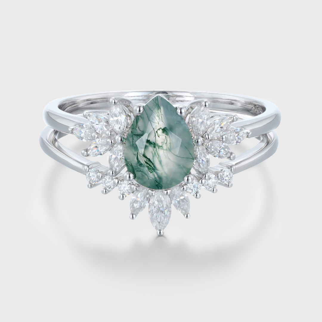 Natural Green Moss Agate 2PCS Pear Cluster Engagement ring Bridal Set