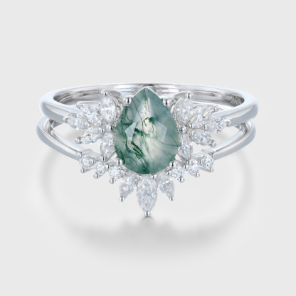 Natural Green Moss Agate 2PCS Pear Cluster Engagement ring Bridal Set