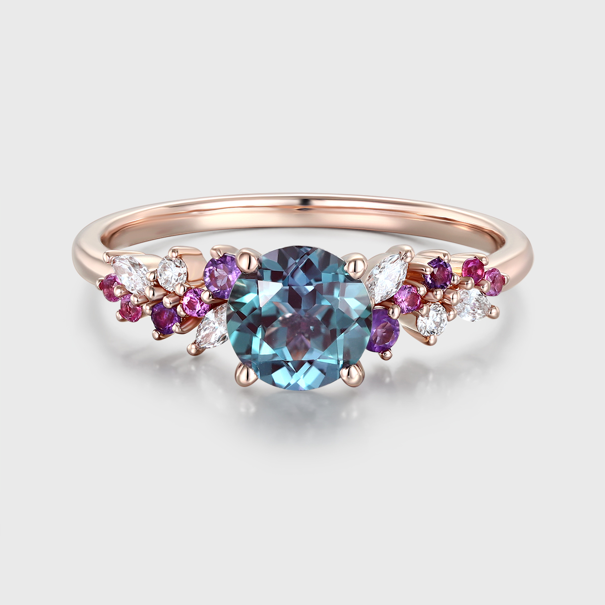Round Cut Lab Alexandrite and Colored Gemstone Engagement Ring Vintage 14K Rose Gold