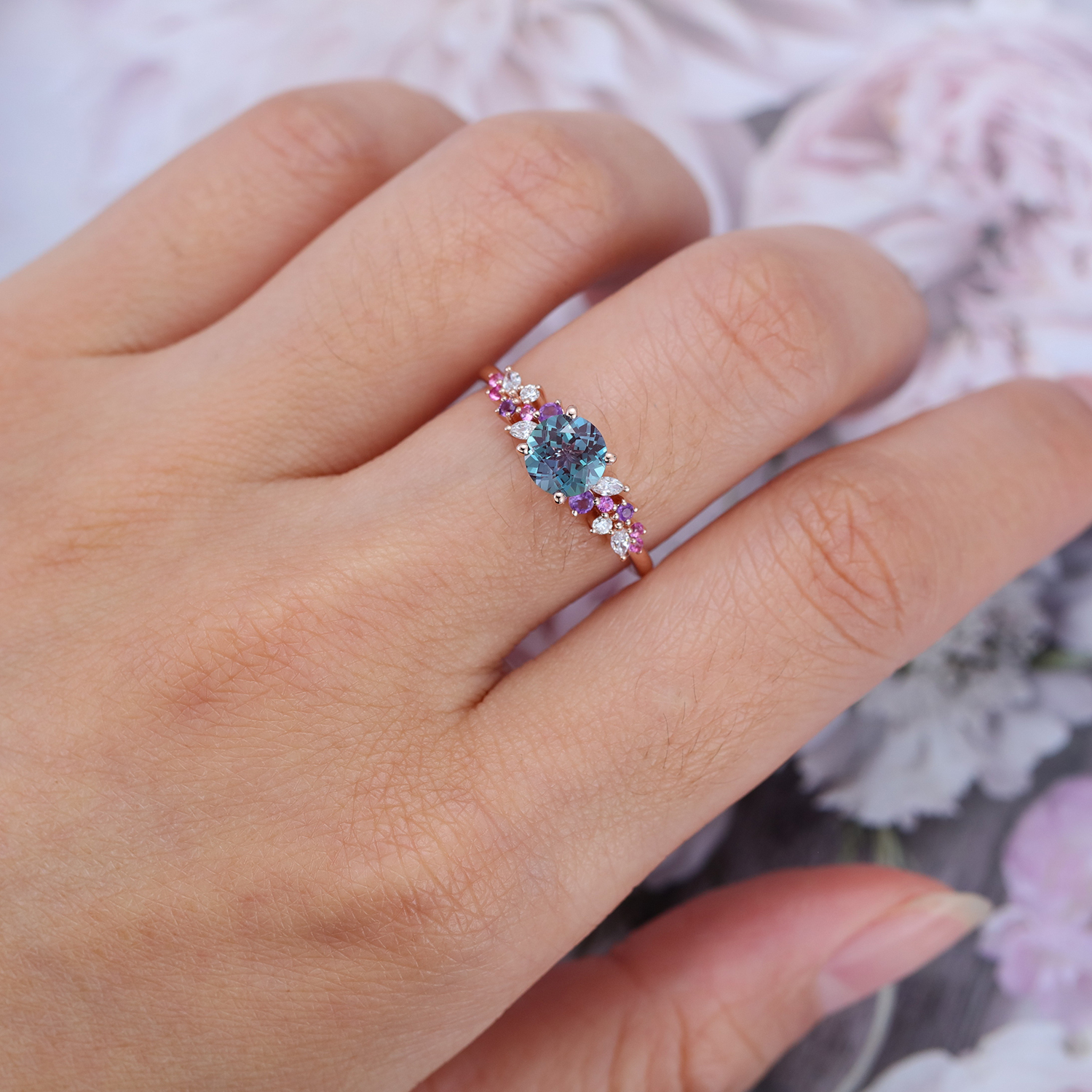 Round Cut Lab Alexandrite and Colored Gemstone Engagement Ring Vintage 14K Rose Gold