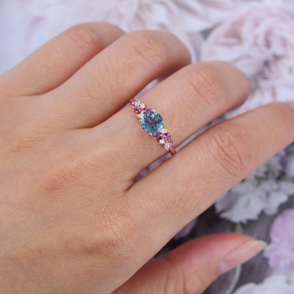 Round Cut Lab Alexandrite and Colored Gemstone Engagement Ring Vintage 14K Rose Gold