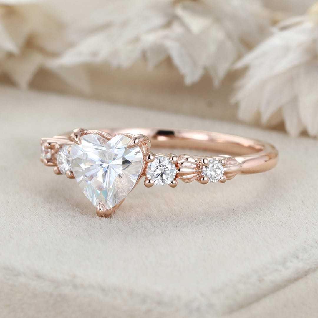 1 CT Heart Moissanite Engagement Ring Vintage 14k Rose Gold Moissanite Engagement Ring Delicate Wedding Bridal Ring Gift
