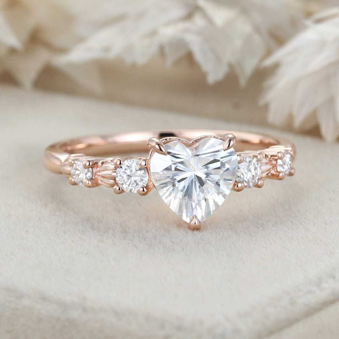 1 CT Heart Moissanite Engagement Ring Vintage 14k Rose Gold Moissanite Engagement Ring Delicate Wedding Bridal Ring Gift