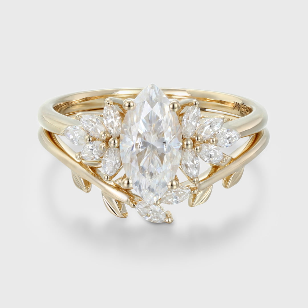 1 Carat Marquise Cut Moissanite Engagement Ring Set 14K Yellow Gold Twist Wedding Ring Bridal Promise Anniversary Gift