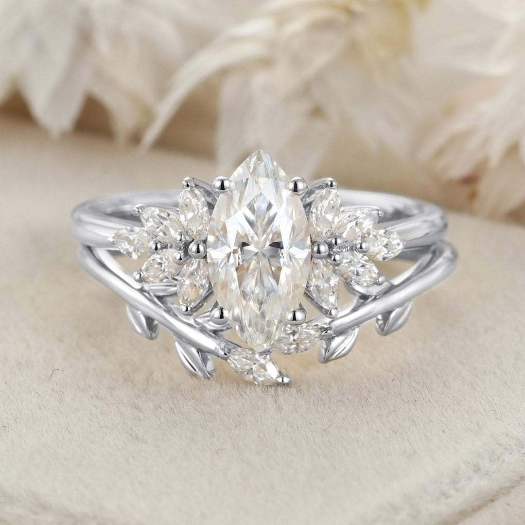 1 Carat Marquise Cut Moissanite Engagement Ring Set 14K Yellow Gold Twist Wedding Ring Bridal Promise Anniversary Gift