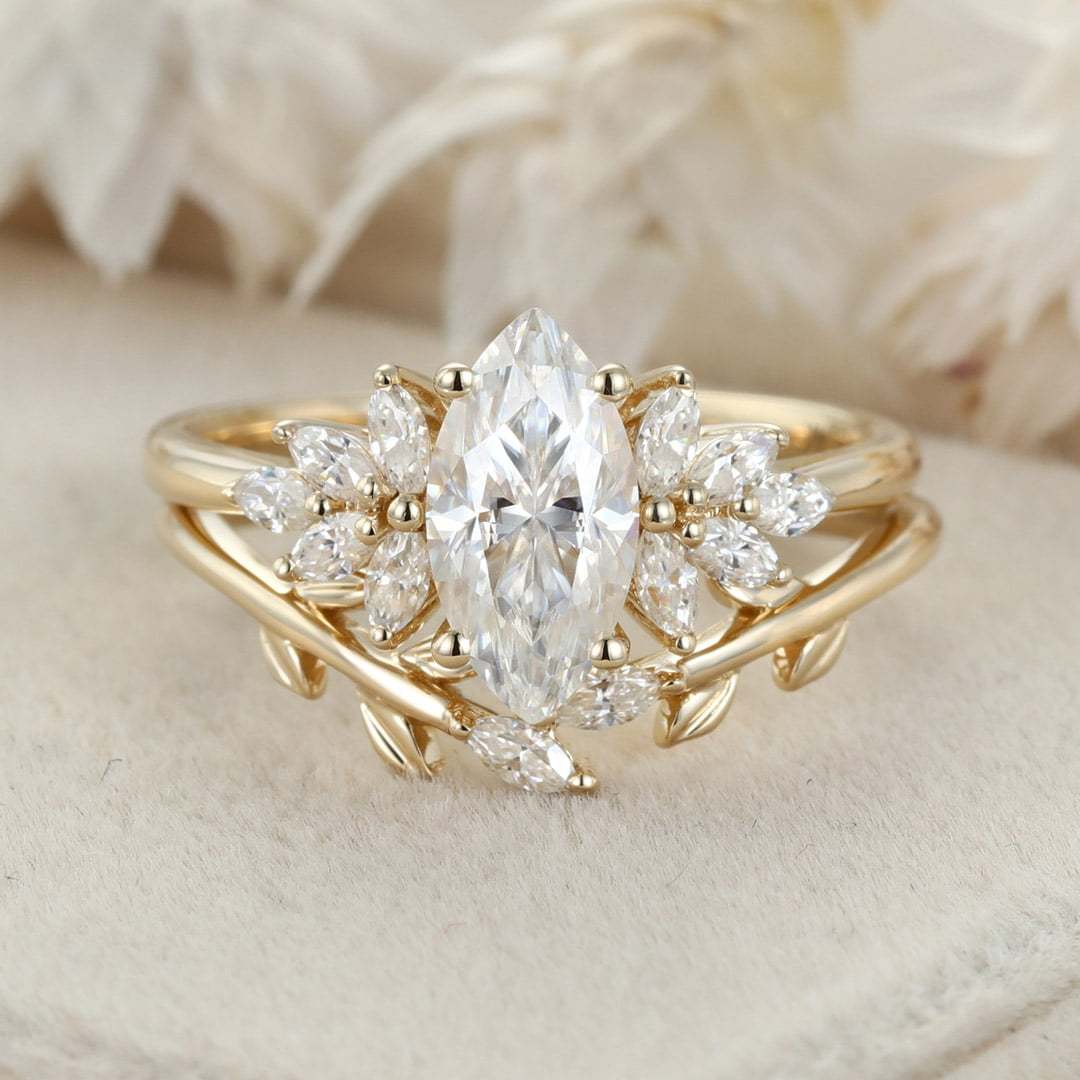 1 Carat Marquise Cut Moissanite Engagement Ring Set 14K Yellow Gold Twist Wedding Ring Bridal Promise Anniversary Gift