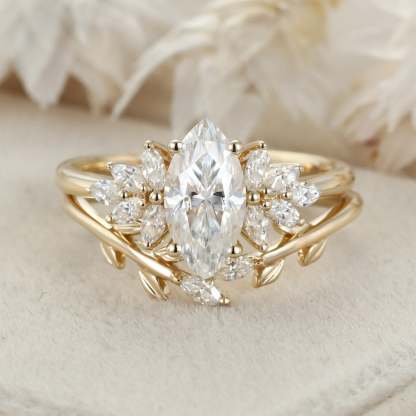 1 Carat Marquise Cut Moissanite Engagement Ring Set 14K Yellow Gold Twist Wedding Ring Bridal Promise Anniversary Gift
