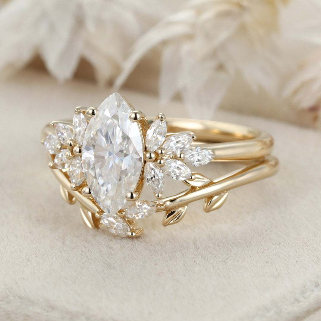1 Carat Marquise Cut Moissanite Engagement Ring Set 14K Yellow Gold Twist Wedding Ring Bridal Promise Anniversary Gift