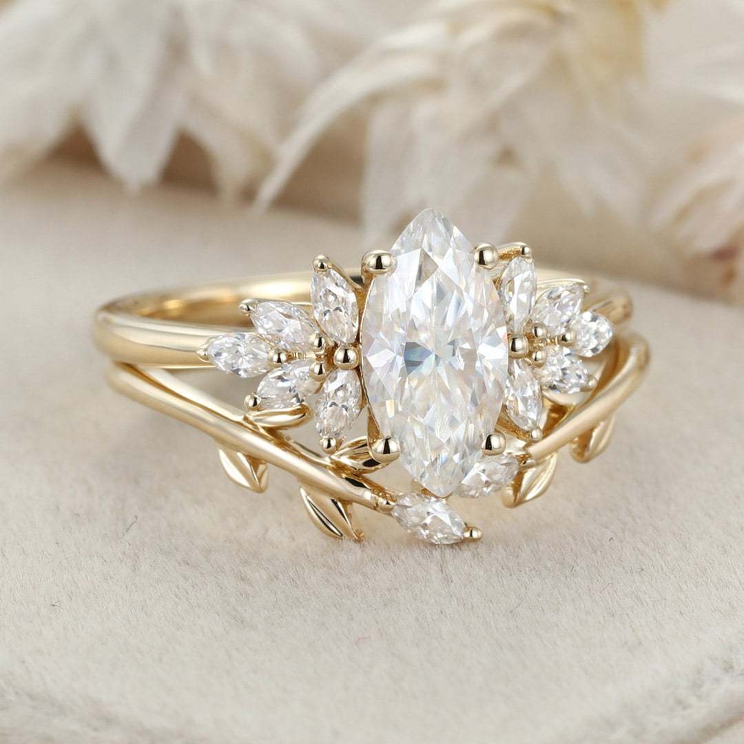 1 Carat Marquise Cut Moissanite Engagement Ring Set 14K Yellow Gold Twist Wedding Ring Bridal Promise Anniversary Gift
