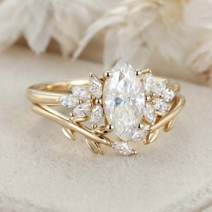 1 Carat Marquise Cut Moissanite Engagement Ring Set 14K Yellow Gold Twist Wedding Ring Bridal Promise Anniversary Gift