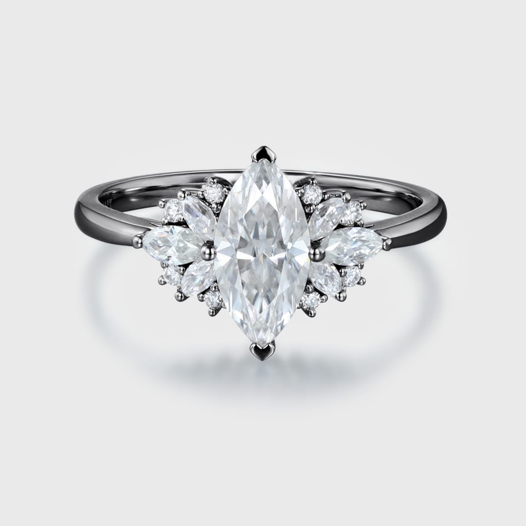 1 Carat Marquise Cut Moissanite Cluster Wedding Ring In 14K Black Gold