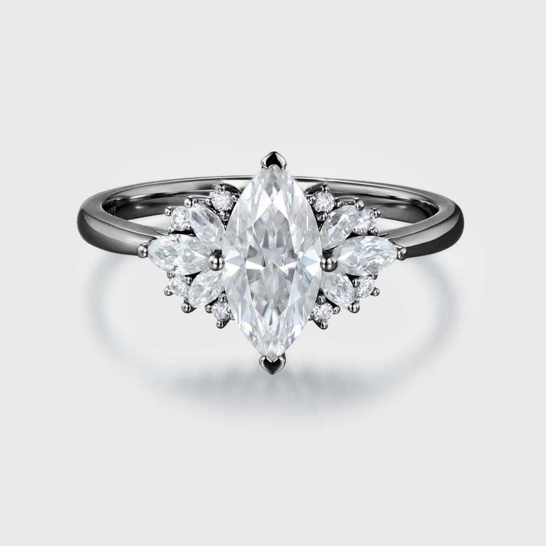 1 Carat Marquise Cut Moissanite Cluster Wedding Ring In 14K Black Gold