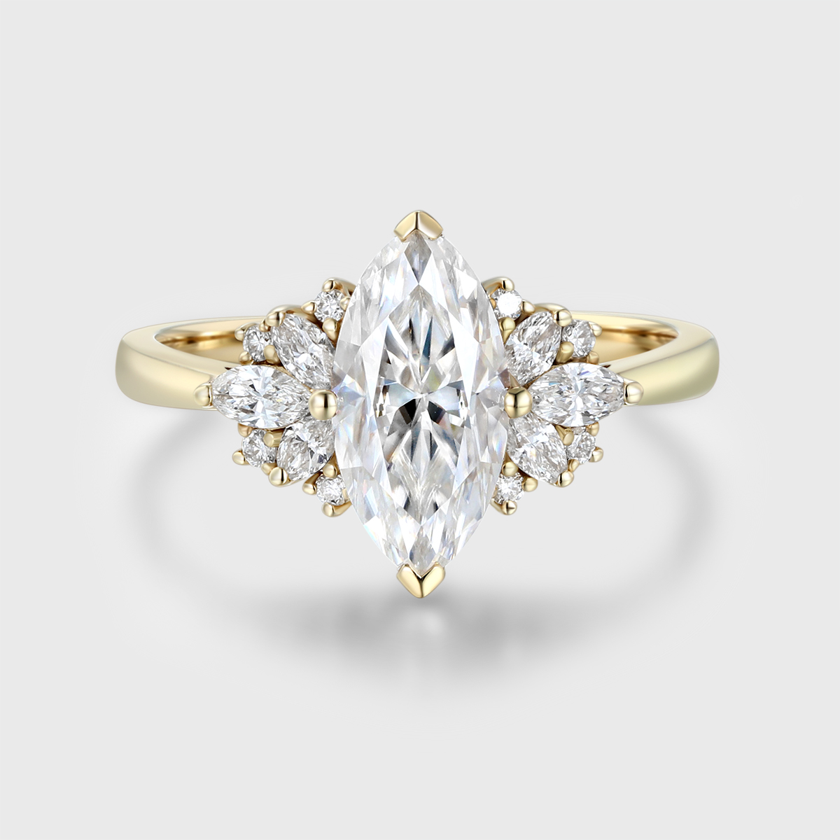 1 Carat Marquise Cut Moissanite Vintage Cluster Engagement Ring – 14K Yellow Gold Bridal Promise Ring