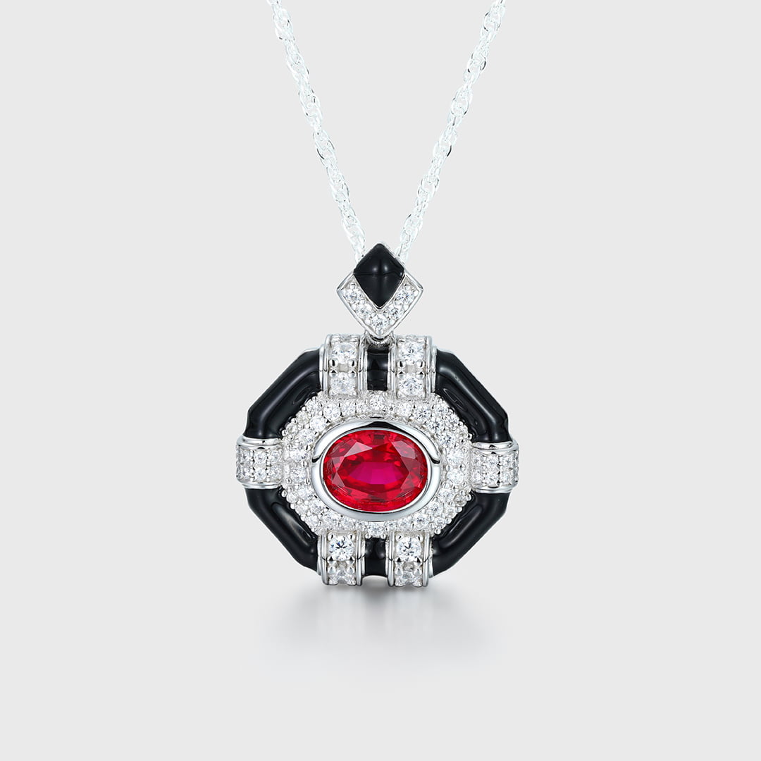 Oval Cut Lab Ruby Pendant Necklaces Unique Hip Hop Art Deco 14K White Gold Necklaces
