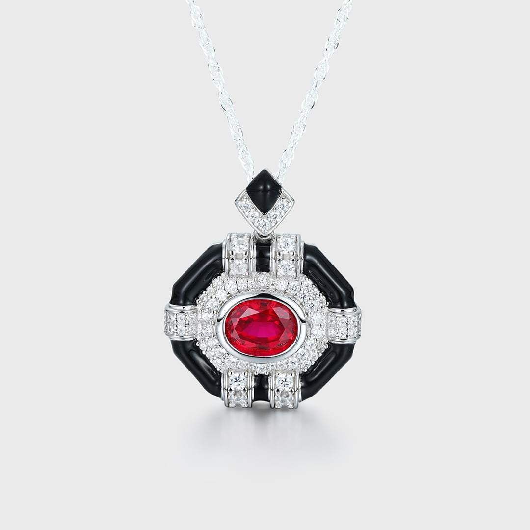 Oval Cut Lab Ruby Pendant Necklaces Unique Hip Hop Art Deco 14K White Gold Necklaces