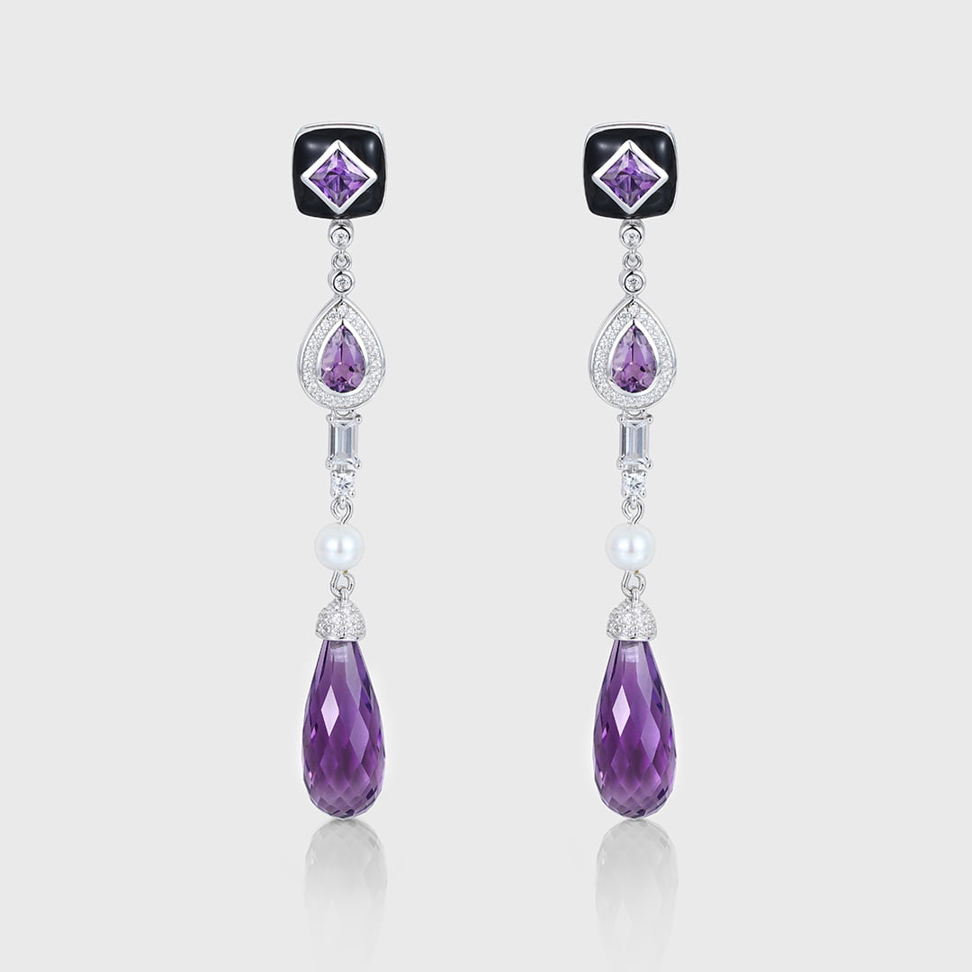 Three Stone Long Drops Amethyst Earrings Luxe Tear Drop Pear Shaped & Princess Cut Earrings Unique Pearl 14K Solid Gold Earrings