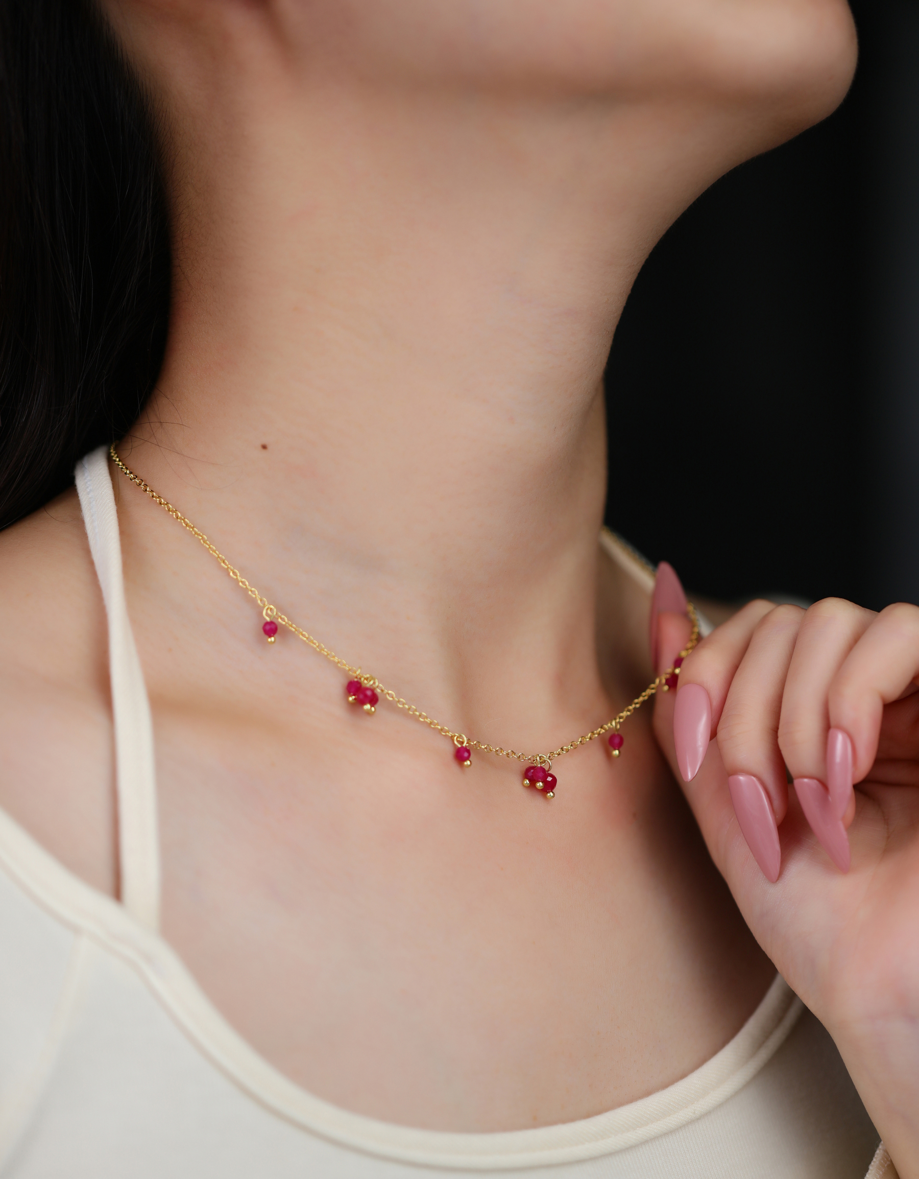 Boho Style Faceted Lab-Grown Ruby Necklace – Gold Plated Red Ruby Jewelry for Women