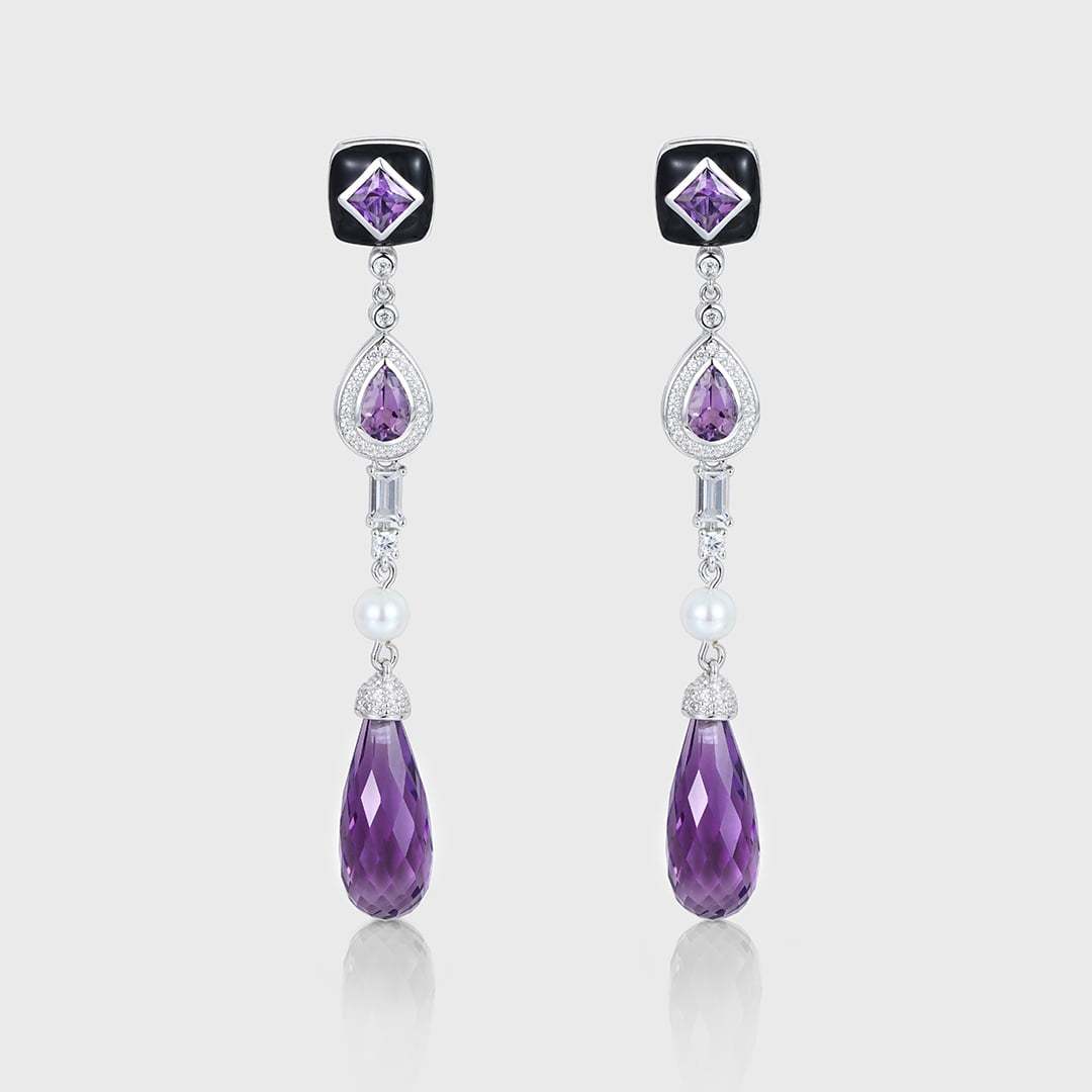 Three Stone Long Drops Amethyst Earrings Luxe Tear Drop Pear Shaped & Princess Cut Earrings Unique Pearl 14K Solid Gold Earrings