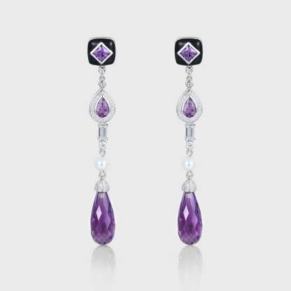 Three Stone Long Drops Amethyst Earrings Luxe Tear Drop Pear Shaped & Princess Cut Earrings Unique Pearl 14K Solid Gold Earrings