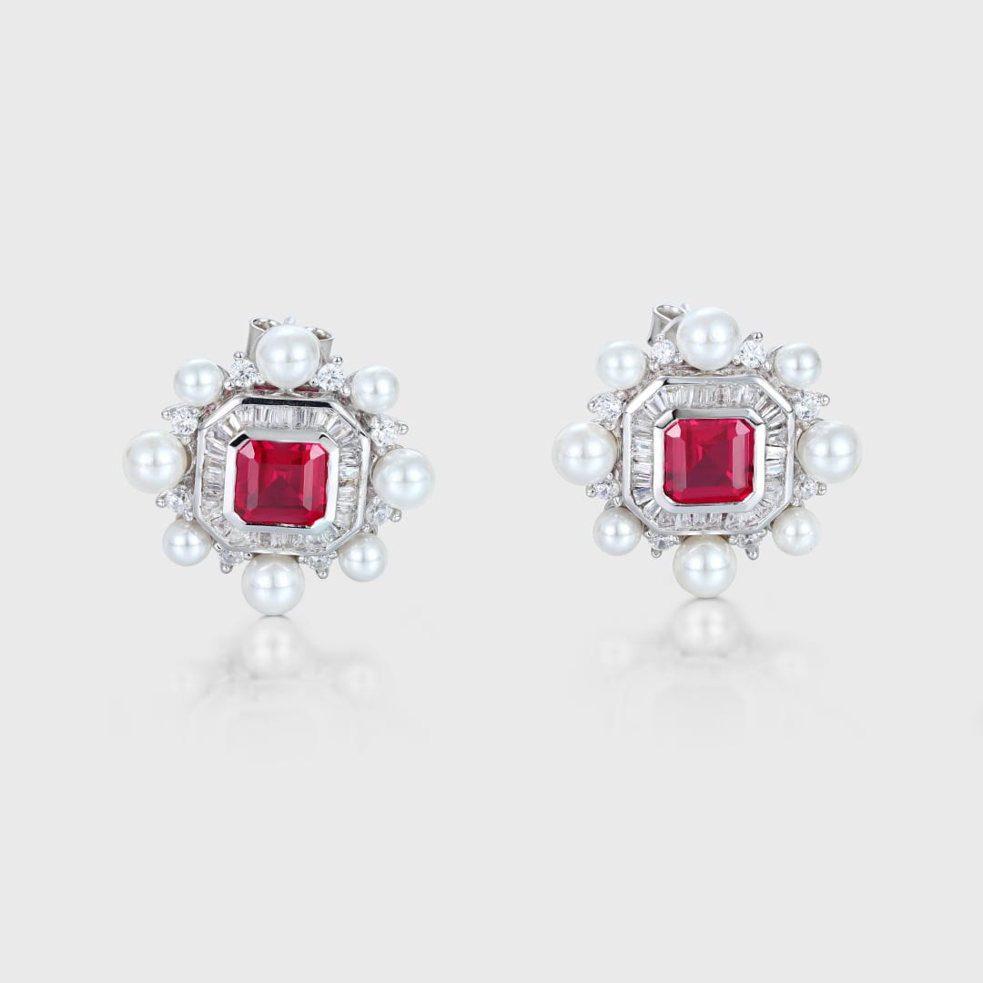 Vintage Lab Ruby Earrings Octagon Shape Earrings Pearl Halo 14K Solid Gold Earrings Unique Baguette Moissanite Earrings