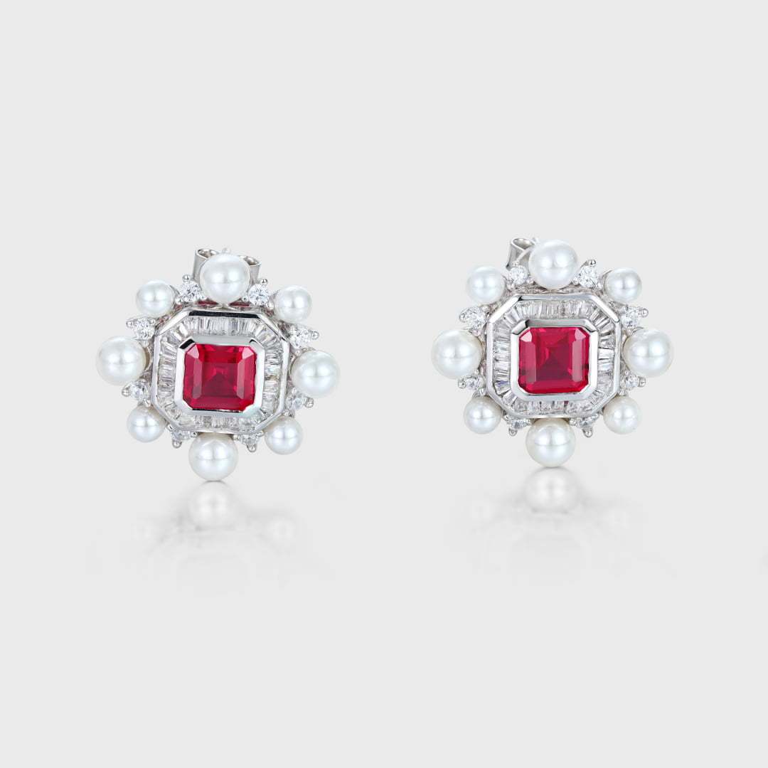 Vintage Lab Ruby Earrings Octagon Shape Earrings Pearl Halo 14K Solid Gold Earrings Unique Baguette Moissanite Earrings