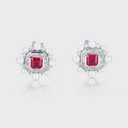 Vintage Lab Ruby Earrings Octagon Shape Earrings Pearl Halo 14K Solid Gold Earrings Unique Baguette Moissanite Earrings