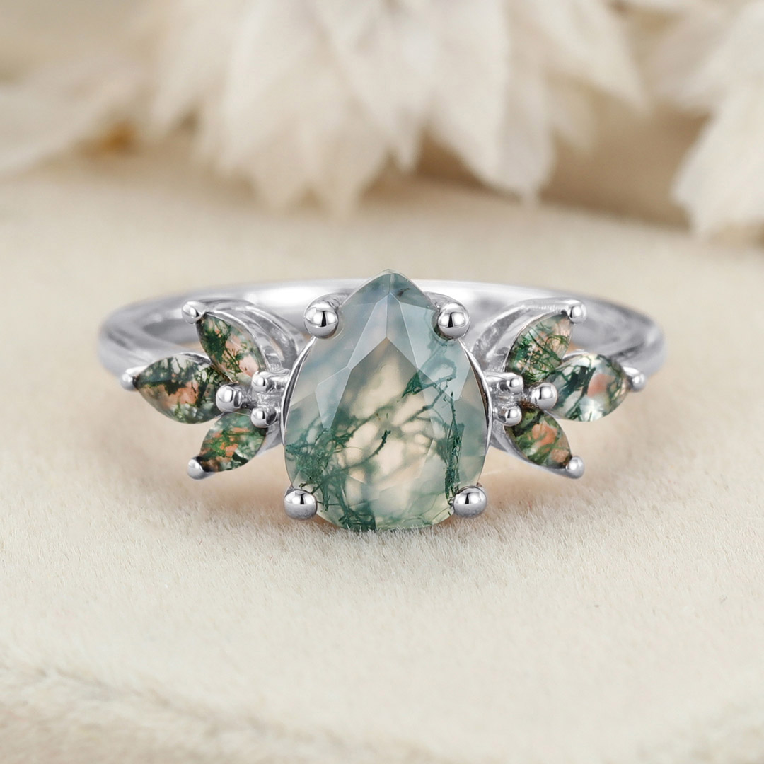 Natural Green Moss Agate pear cut cluster Engagement Ring