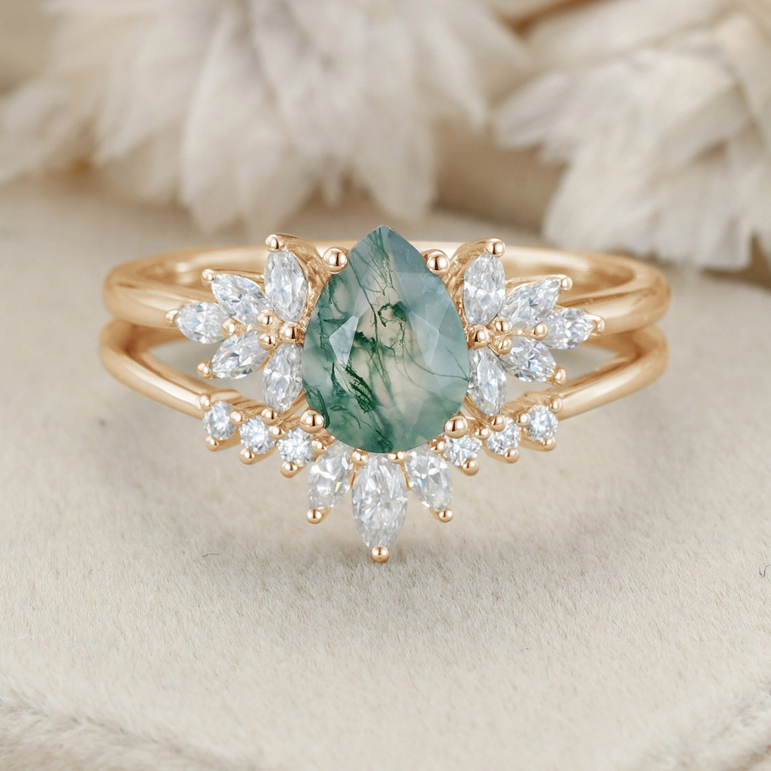 Natural Green Moss Agate 2PCS Pear Cluster Engagement ring Bridal Set