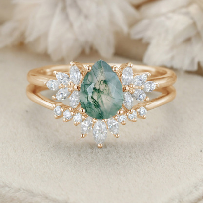 Natural Green Moss Agate 2PCS Pear Cluster Engagement ring Bridal Set