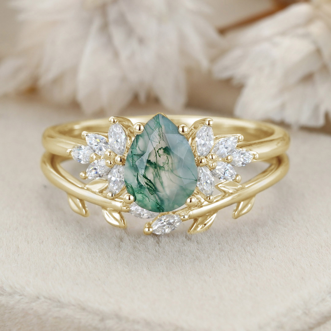 Natural Moss Agate Pear cut Engagement ring Bridal Sets