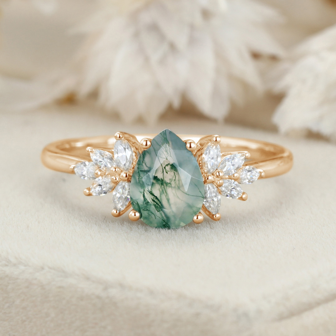 Natural Green Moss Agate Pear cut Cluster Engagement rings