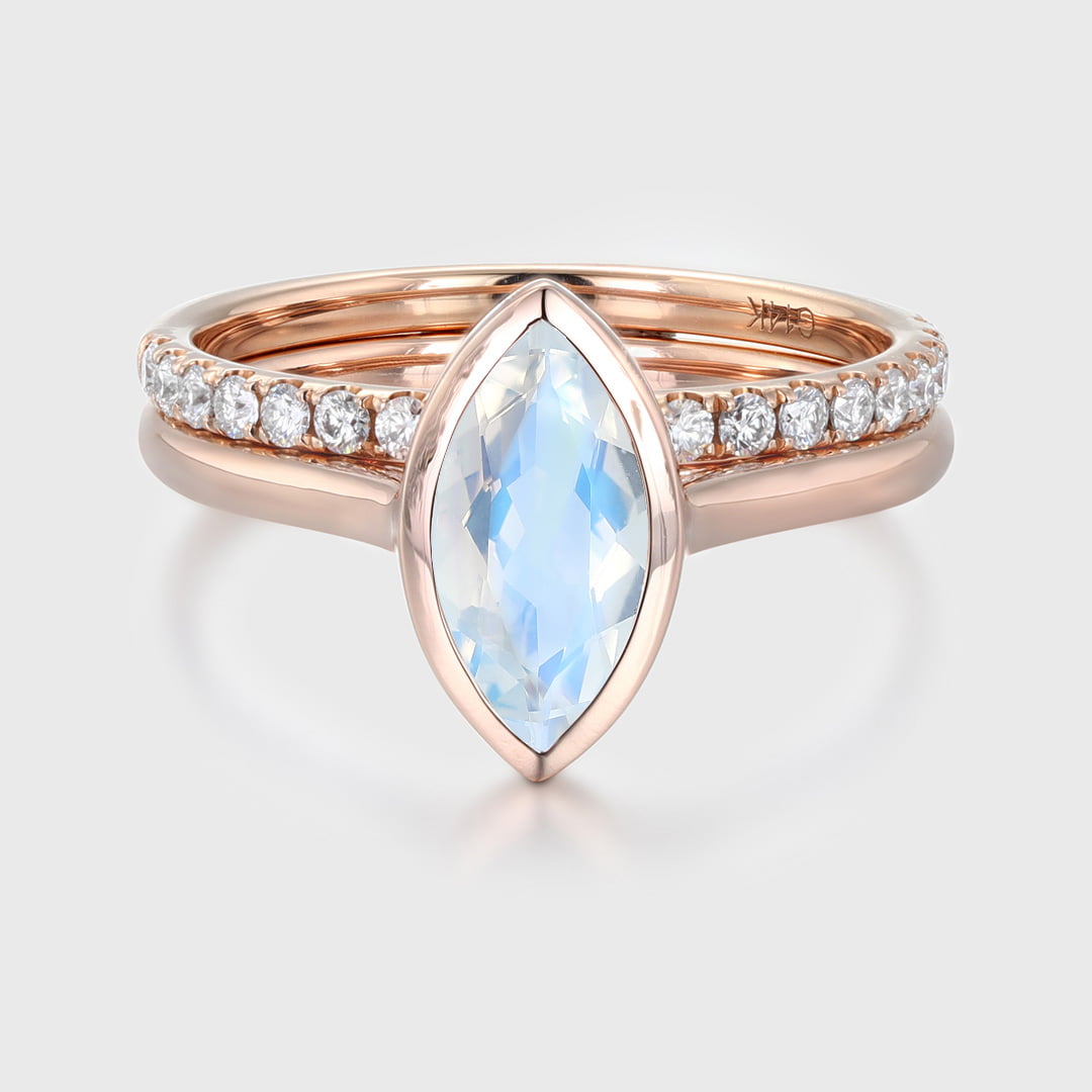 10x5mm Marquise Cut Moonstone Ring Bezel Rose Gold Moonstone Engagement Ring Set Half Eternity Diamond Wedding Ring
