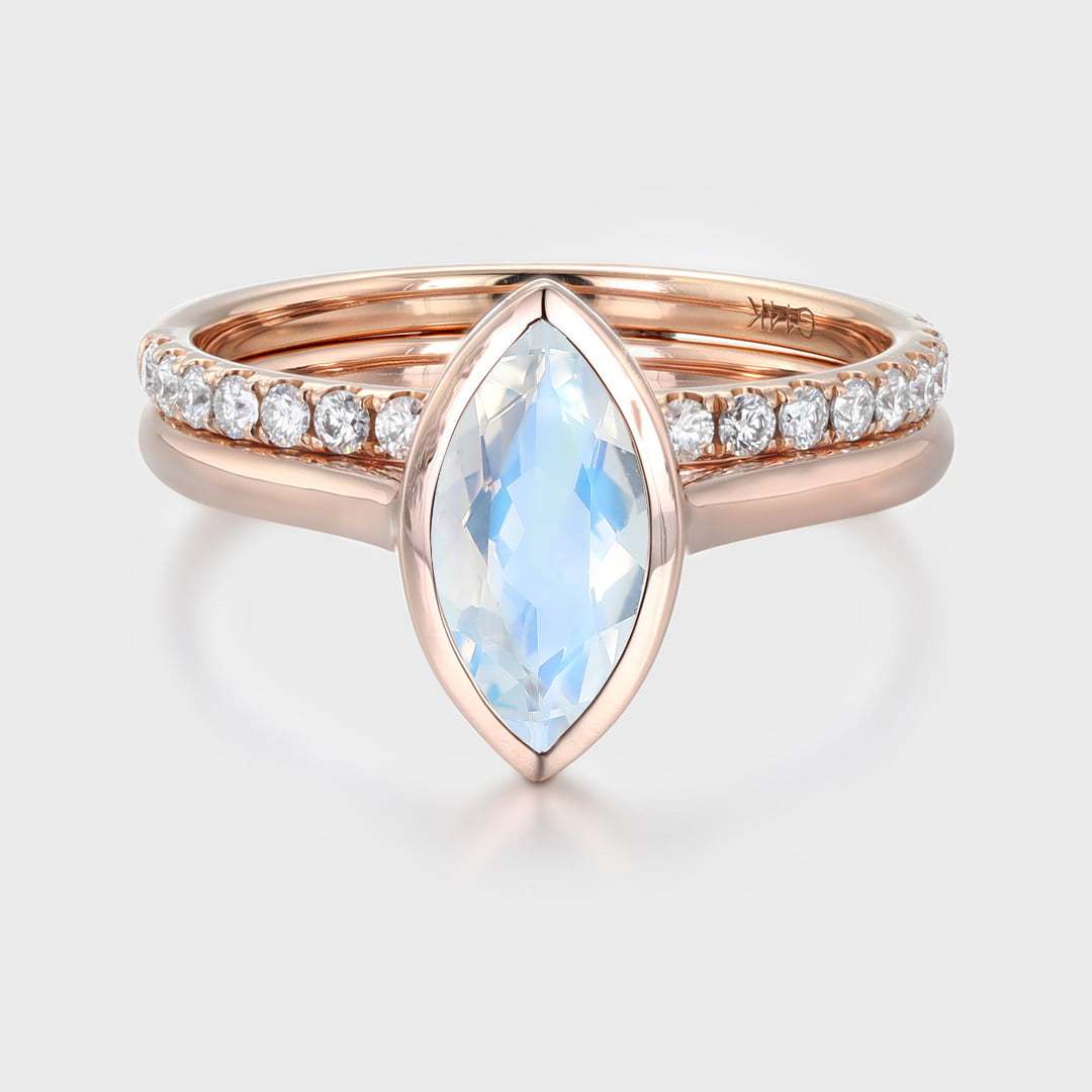 10x5mm Marquise Cut Moonstone Ring Bezel Rose Gold Moonstone Engagement Ring Set Half Eternity Diamond Wedding Ring