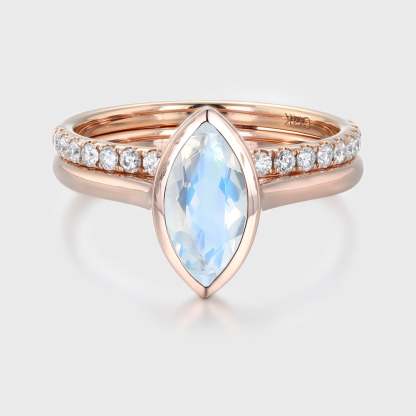 10x5mm Marquise Cut Moonstone Ring Bezel Rose Gold Moonstone Engagement Ring Set Half Eternity Diamond Wedding Ring
