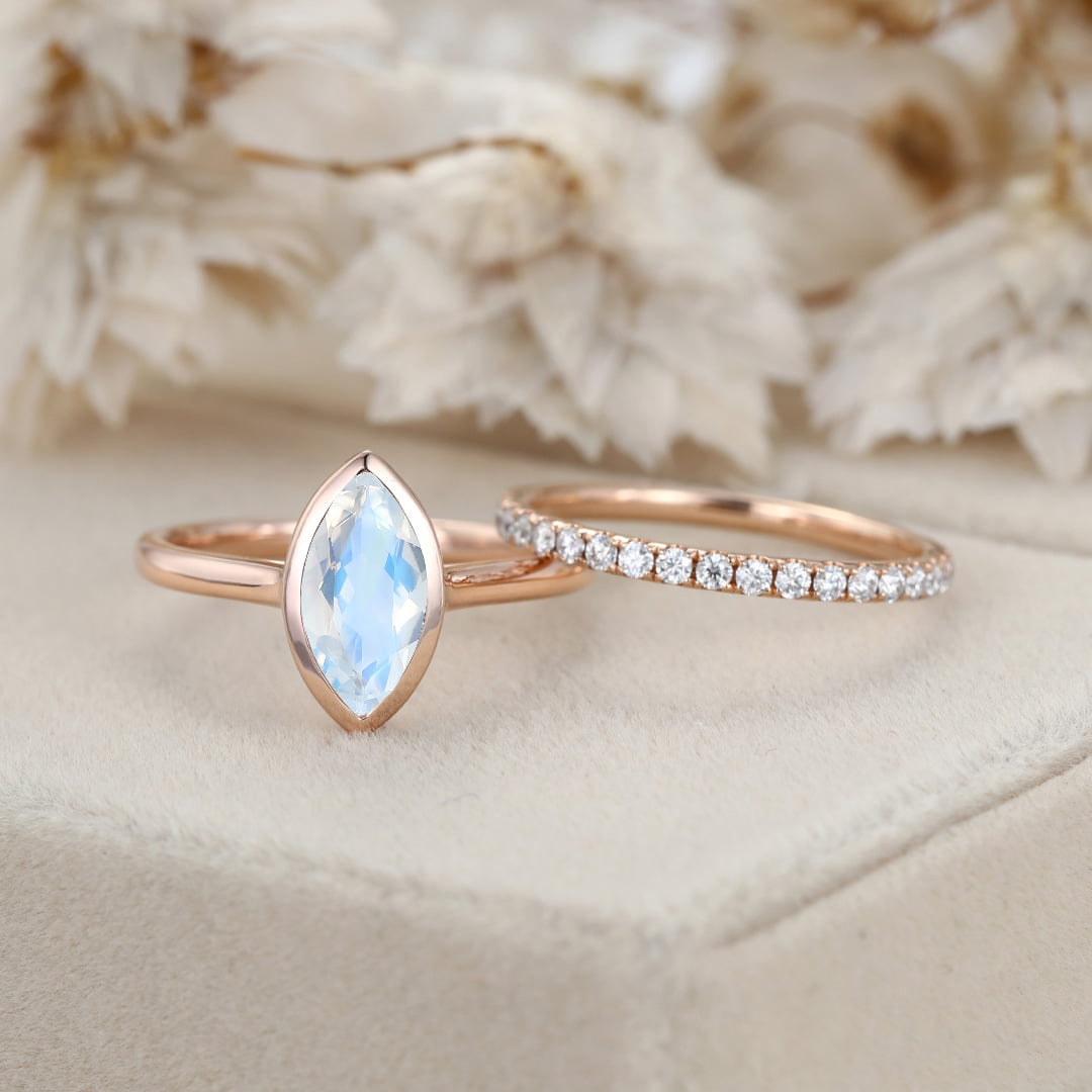 10x5mm Marquise Cut Moonstone Ring Bezel Rose Gold Moonstone Engagement Ring Set Half Eternity Diamond Wedding Ring