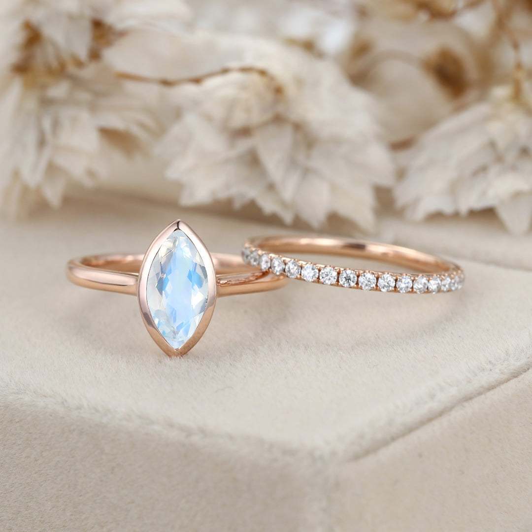 10x5mm Marquise Cut Moonstone Ring Bezel Rose Gold Moonstone Engagement Ring Set Half Eternity Diamond Wedding Ring