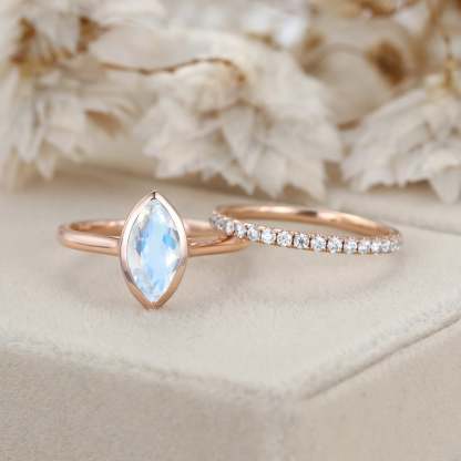 10x5mm Marquise Cut Moonstone Ring Bezel Rose Gold Moonstone Engagement Ring Set Half Eternity Diamond Wedding Ring